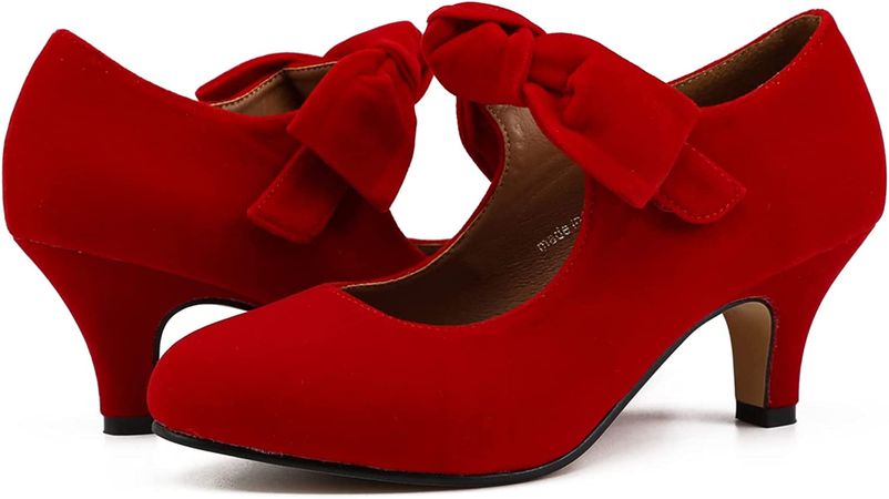 Amazon.com | LIURUIJIA Women's Bow Mary Jane Kitten Heel Pumps Round Toe Low Heels Ankle Strap Wedding Dress Evening Party Shoes | Pumps
