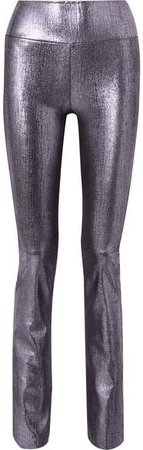 Metallic Leather Flared Pants - Silver