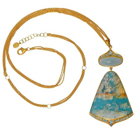 Lauren Harper Sea Agate Aquamarine Diamond Gold Pendant Statement Necklace For Sale at 1stdibs