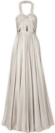 Reem Acra - Embellished Ruched Silk-satin Halterneck Gown - Silver