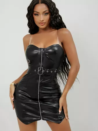 SHEIN SXY Faux Leather Zip-Up Bodycon Mini Dress Without Transparent Strap | SHEIN USA