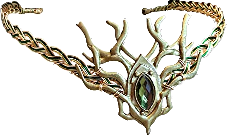 crown tiara circlet deer antlers branches green gem emerald gold braided
