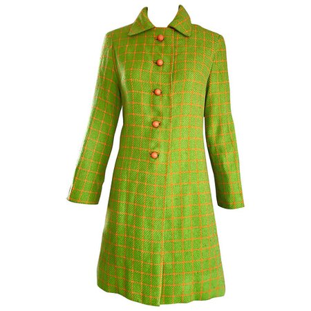 1960s Neon Lime Green and Orange Checkered Vintage 60s Wool Swing Jacket Coat For Sale at 1stdibs
