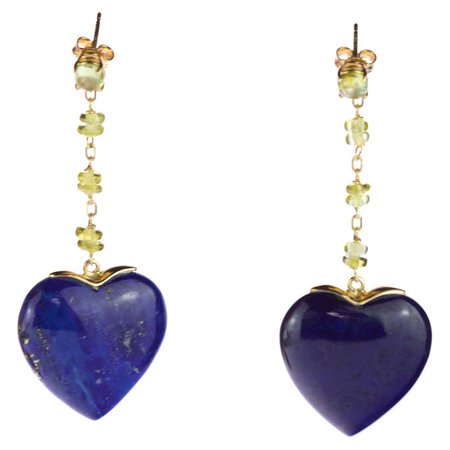 Intini Jewels Lapis Lazuli Peridot Heart 18 Karat Yellow Gold Drop Love Earrings For Sale at 1stDibs