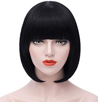 Mersi Short Black Bob Hair Wigs with Bangs Straight Cosplay Costume Wigs Heat Resistant Synthetic Fun Wig for Women