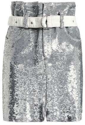 Belted Sequined Stretch-knit Mini Skirt