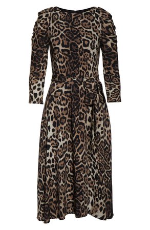 Eliza J Leopard Print Long Sleeve Midi Dress brown