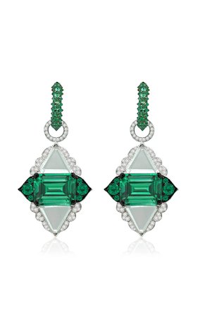 The Portrait 18k White Gold Diamond, Emerald Earrings By Vak | Moda Operandi