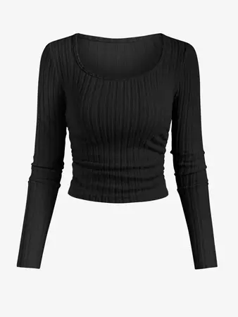 Women's Daily Solid Color Basic Plush Ribbed Textured Knit Ruched Side Slim Tee In BLACK | ZAFUL 2024