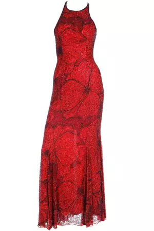 Vintage 90s Red Halter Evening Gown With Black Beaded Flowers – Modig