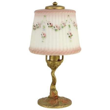 Dolphin Antique Boudoir Lamp, Etched Glass Hand Painted Shade #30202 : Harp Gallery Antique Furniture | Ruby Lane