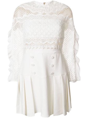 SELF-PORTRAIT Bellis Mesh Long-Sleeve Lace-Trim Cocktail Dress in White