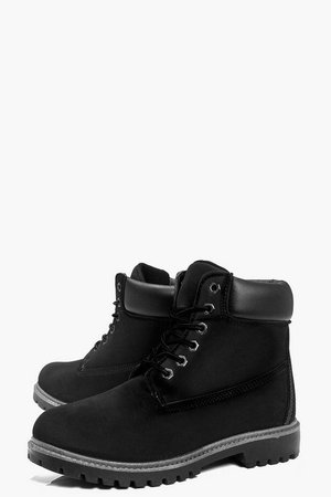 Padded Cuff Lace Up Hiker Boots | Boohoo