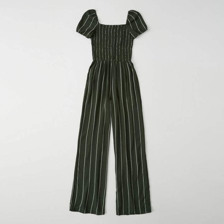 A&F Women's Smocked Jumpsuit in Olive Green Green - Size XXS