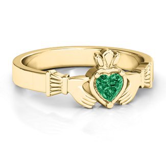 10K Yellow Gold Heart Stone Claddagh Ring with Emerald (Simulated) Stone | Jewlr