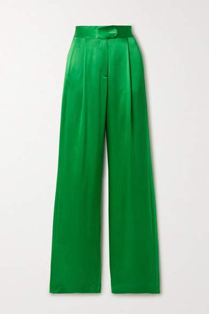 Pleated Silk-satin Wide-leg Pants - Green