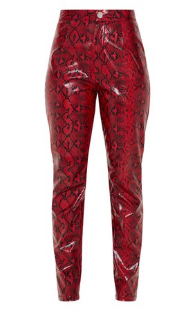 Red snake print faux leather pants