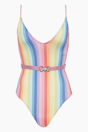 Capittana Gloria Belted High Cut One Piece Swimsuit - Rainbow Stripe Print | BIKINI.COM