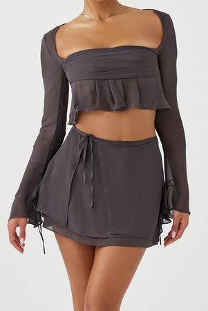 Long Sleeve Ruffle Detail Two Piece Dress Grey - Luxe Two Piece Dresses and Celebrity Inspired Dresses