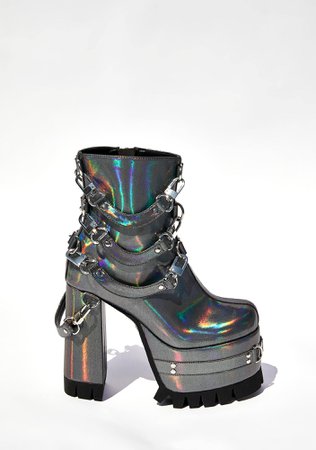 Current Mood Holographic Harness Platform Boots - Silver | Dolls Kill