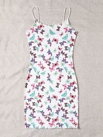 white Butterfly Print Lettuce Trim Bodycon Dress | SHEIN USA