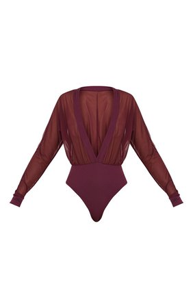 Yulia Wine Mesh Plunge Jersey Thong Bodysuit | PrettyLittleThing