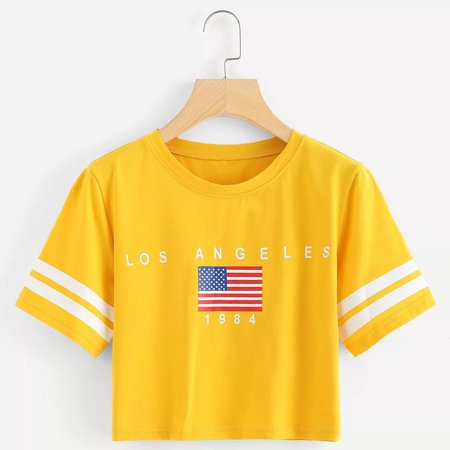 Fashion American Flag Yellow Short Sleeve Women T Shirts Casual Letter Striped Round Neck Short Summer Women Tops Tees Femme
