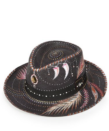 ZINA G Feather Panama Hat Black