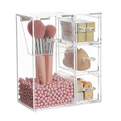 Amazon.com: HOSEN Clear Acrylic Makeup Brush Holder Makeup organizer, Dust-proof Cosmetic Storage Case Makeup Pencil Organizer Cosmetic Display Tray with 3 Drawers with Pink Pearls: Home Improvement