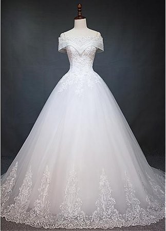 Marvelous Tulle Off-the-shoulder Neckline Ball Gown Wedding Dress With Beaded Lace Appliques on Luulla