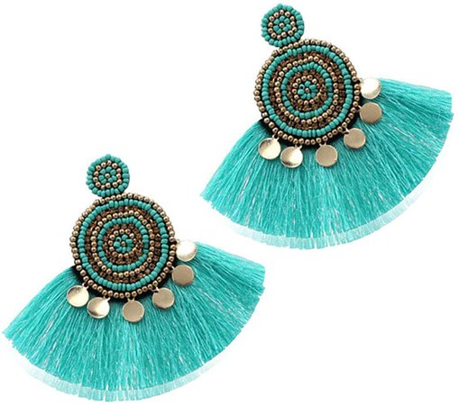 Amazon.com: Beaded Tassel Drop Earrings – Statement Hoop Fringe Earrings Dangle, Gift Idea for Women, Girl, Mother, Sister, Daily Wearing (Mint Bohemian Circle): Clothing