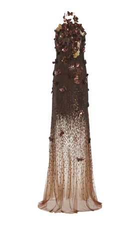 Halter Neck Bugle Bead & Butterfly Embr Gown By Oscar De La Renta | Moda Operandi