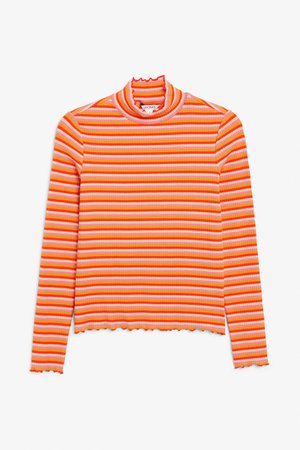 Frilled hem top - Orange and red stripes - Tops - Monki SE