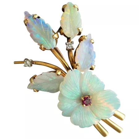 Vintage 18ct Gold Carved Opal, Diamond & Ruby Flower Leaf Brooch : Beryl Lane | Ruby Lane