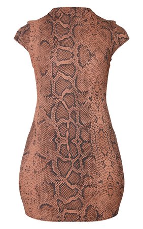 Brown Snake Print High Neck Ribbed Bodycon Dress | PrettyLittleThing USA