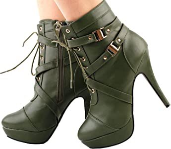 Amazon.com | SHOW STORY Army Green Buckle Strappy High Heel Stiletto Platform Ankle Boots, LF30470GR38, 7US, Army Green | Ankle & Bootie