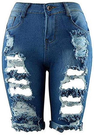 Rambling Fashion Womens Distressed Denim Capri Shorts High Waisted Ripped Destroyed Bermuda Jeans (Blue A, M) at Amazon Women’s Clothing store: