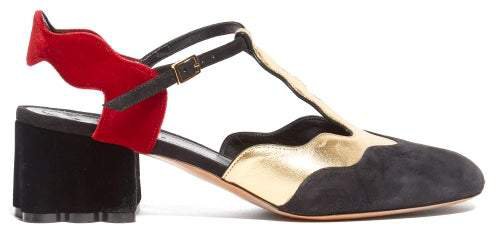 Waved Velvet And Suede Sandals - Womens - Black Gold