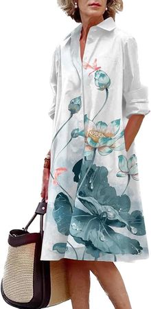 Amazon.com: Women Long Sleeve Linen Dresses MIdi Length Casual Graphic Print Elegant Shirt Dress : Clothing, Shoes & Jewelry