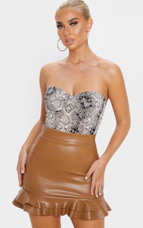 Camel Faux Leather Frilled Hem Mini Skirt | PrettyLittleThing