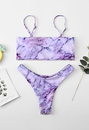 Purple Marble Print Low Rise Bikini Set - Retro, Indie and Unique Fashion