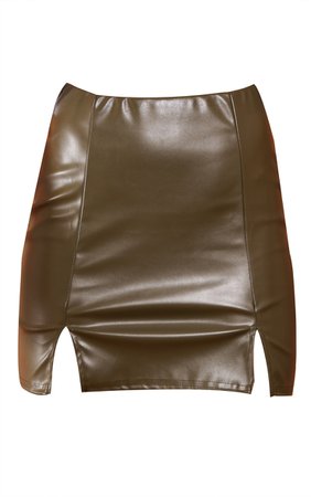 Khaki Faux Leather Split Hem Mini Skirt | PrettyLittleThing USA