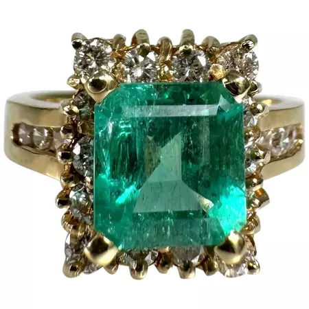 18K Yellow Gold Emerald Cut Emerald Diamond Vintage Ring - Ruby Lane