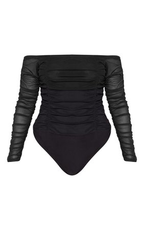 Black Ruched Mesh Bardot Bodysuit - Bodysuits - Tops - from £4 - Clothing | PrettyLittleThing