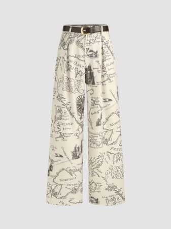 Mid Waist All Over Print Wide Leg Trousers With Belt - Cider