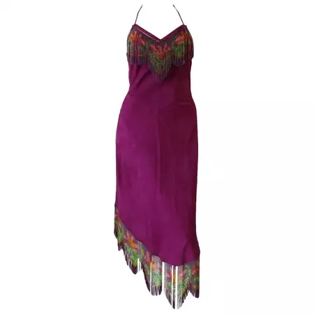 Bohemian Beaded Floral Fringe Purple Suede Halter Dress For Sale at 1stDibs | purple suede dress