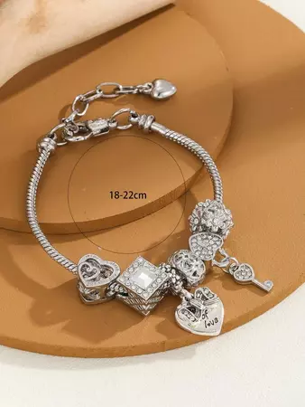 Rhinestone Decor Heart & Key Charm Bracelet | SHEIN USA