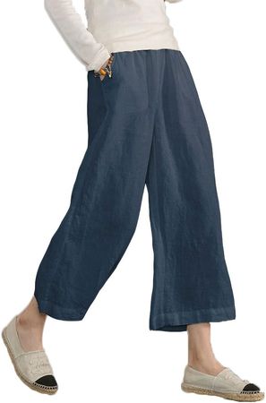 Amazon.com: ECUPPER Womens Casual Loose Elastic Waist Cotton Trouser Cropped Wide Leg Pants : Clothing, Shoes & Jewelry