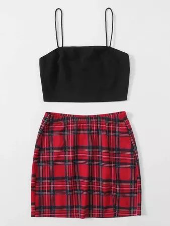 black Crop Cami Top & Tartan Split Hem Skirt Set | SHEIN USA