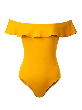 Beyondfab Women's Ruffles Off Shoulder Sleeveless Bodysuit Leotards Mustard S at Amazon Women’s Clothing store